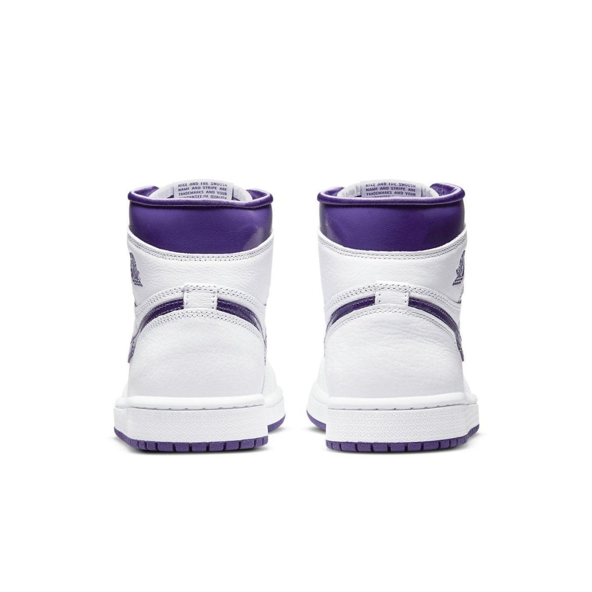 Back view of the Air Jordan 1 Retro High Court Purple (W) showcasing white leather and purple accents.