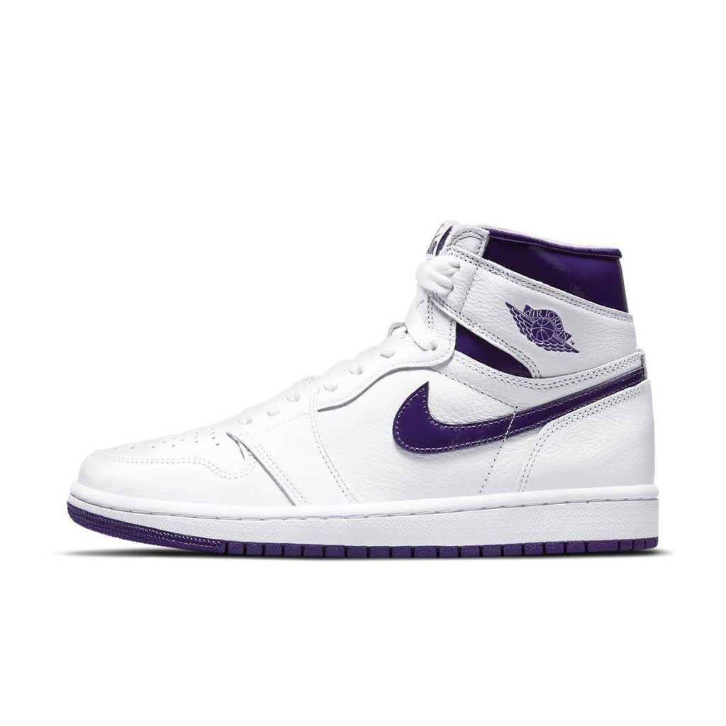 Air Jordan 1 Retro High Court Purple for women in white and purple colorway with classic design elements.