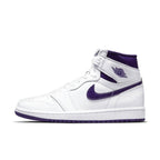 Air Jordan 1 Retro High Court Purple for women in white and purple colorway with classic design elements.