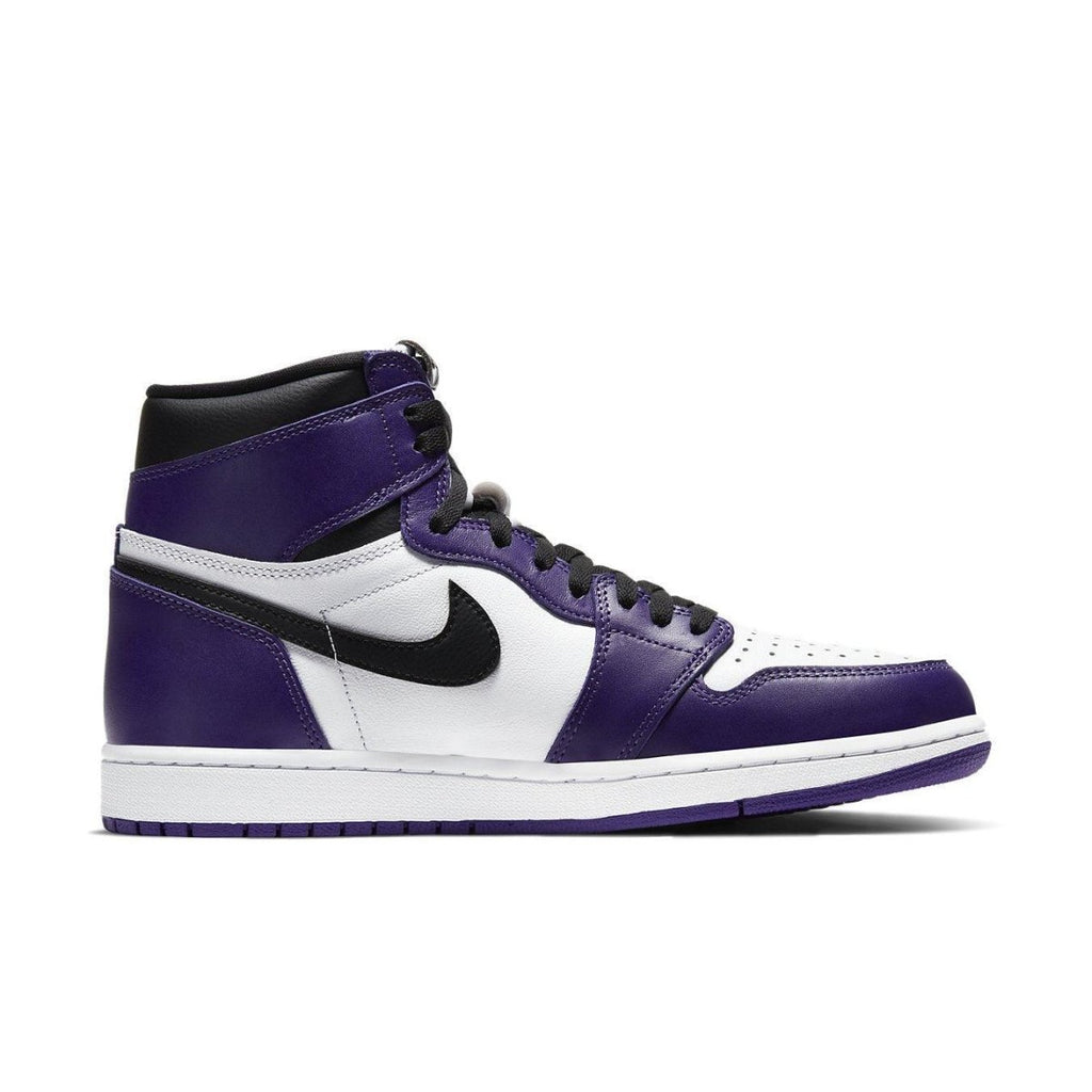Air Jordan 1 Retro High 'Court Purple White' sneakers showcasing purple and white colorway with black Nike Swoosh.