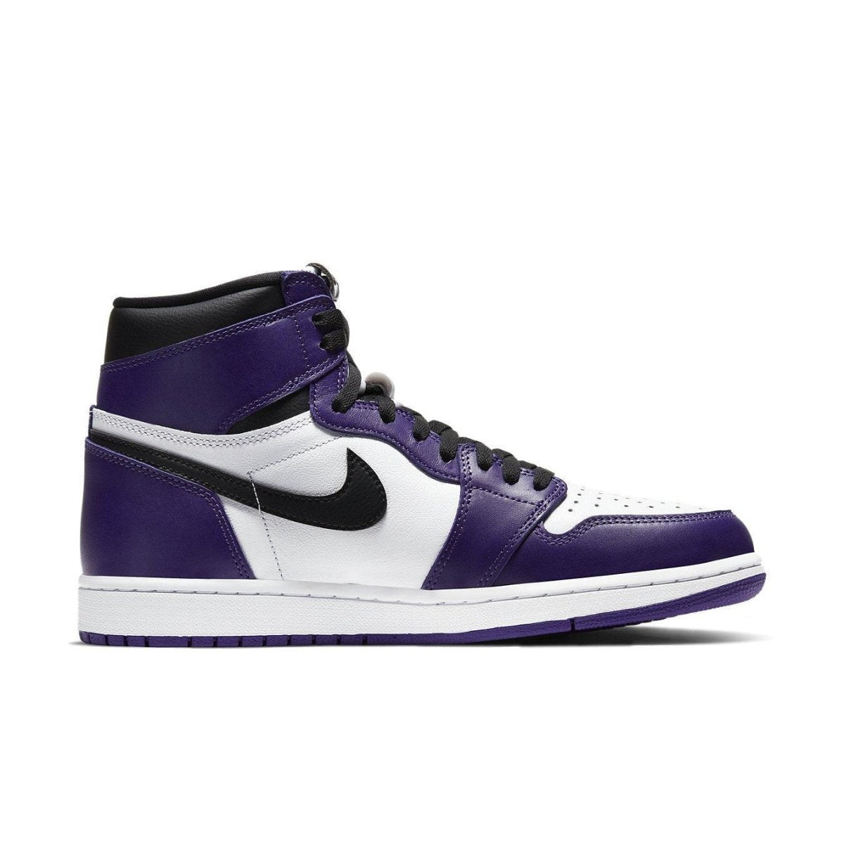 Air Jordan 1 Retro High 'Court Purple White' sneakers showcasing purple and white colorway with black Nike Swoosh.