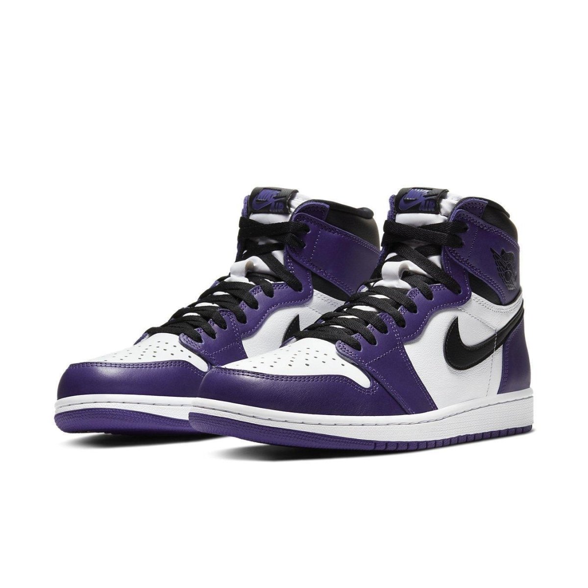 Air Jordan 1 Retro High Court Purple White sneakers featuring black Swoosh and laces, stylish purple and white colorway.