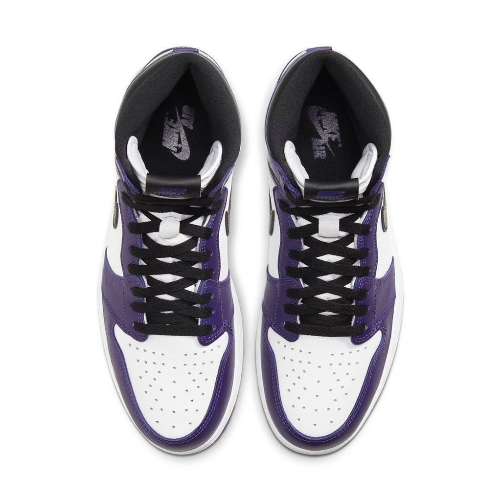 Air Jordan 1 Retro High Court Purple White sneakers, featuring black laces and purple accents on a white base.