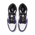 Air Jordan 1 Retro High Court Purple White sneakers, featuring black laces and purple accents on a white base.