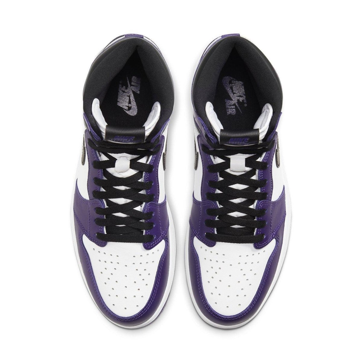 Air Jordan 1 Retro High Court Purple White sneakers, featuring black laces and purple accents on a white base.
