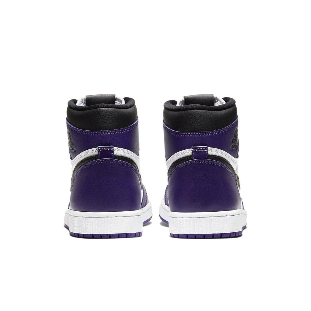 Back view of Air Jordan 1 Retro High Court Purple White sneakers with black and purple design.