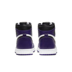 Back view of Air Jordan 1 Retro High Court Purple White sneakers with black and purple design.