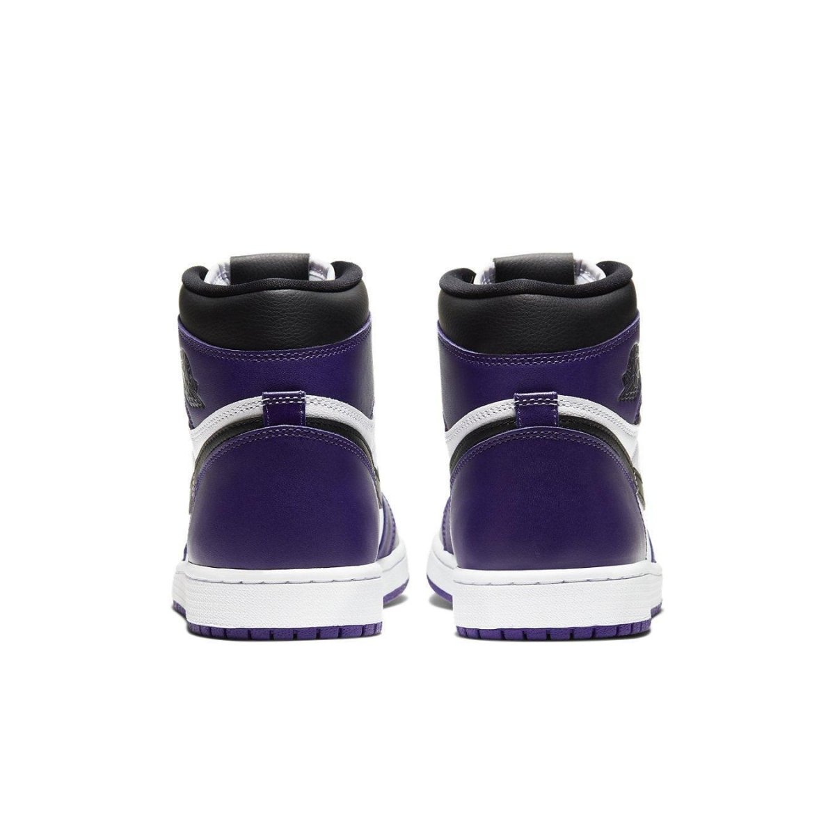 Back view of Air Jordan 1 Retro High Court Purple White sneakers with black and purple design.