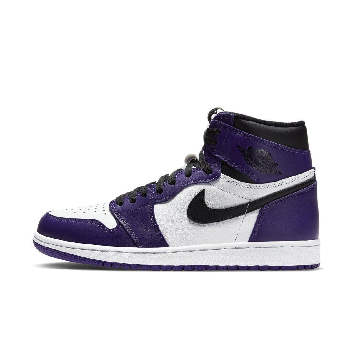 Air Jordan 1 Retro High Court Purple White sneaker with black accents and purple colorway.