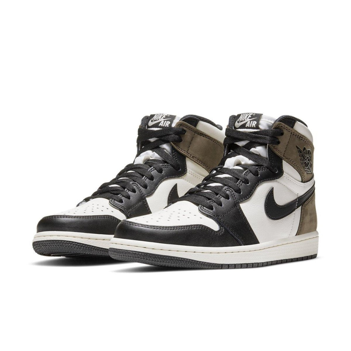Jordan 1 Retro High Dark Mocha sneakers in brown, black, and white leather with iconic swoosh design.