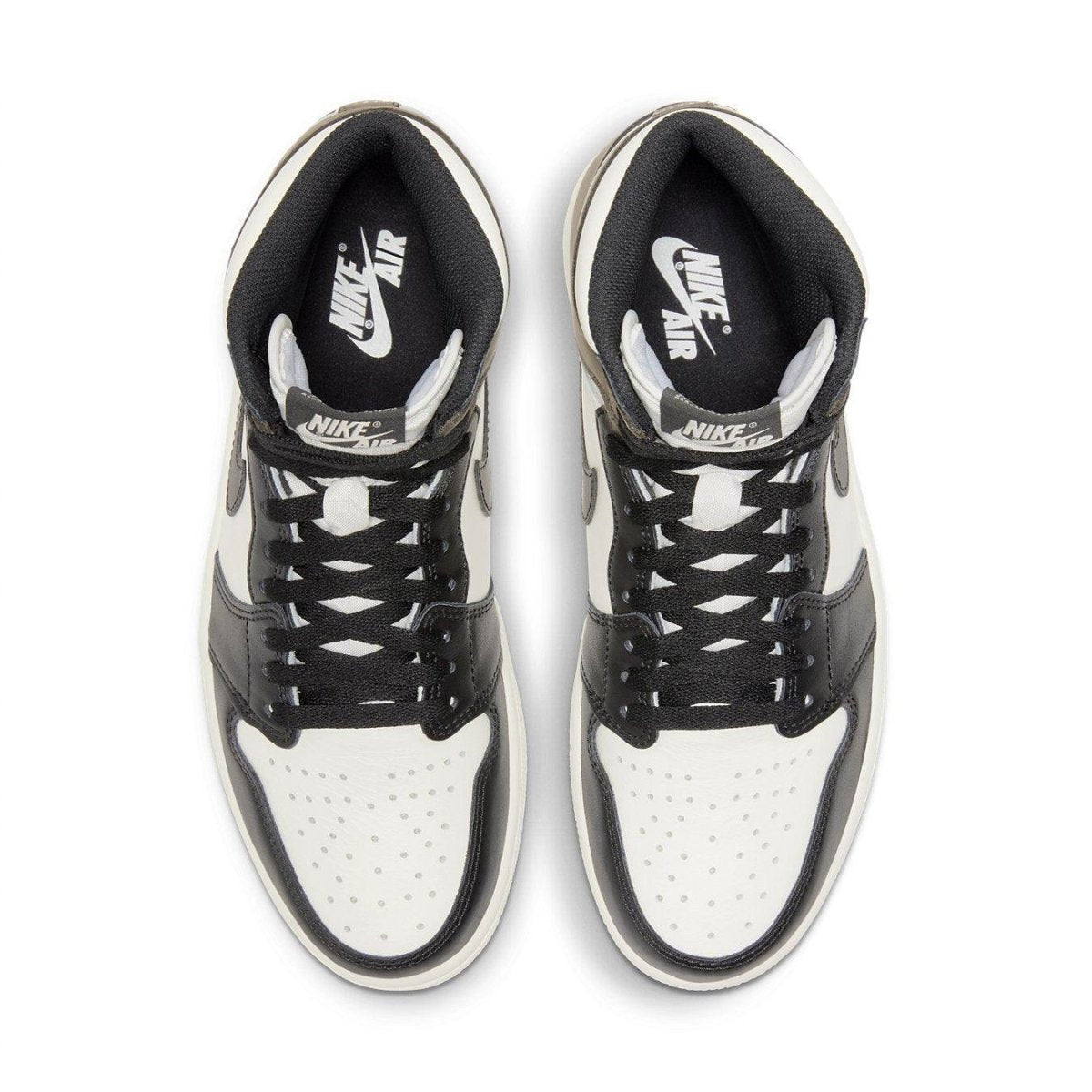 Jordan 1 Retro High Dark Mocha sneakers featuring black, white, and mocha brown leather details.