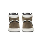 Jordan 1 Retro High Dark Mocha sneakers showing back view with brown suede and white leather accents.