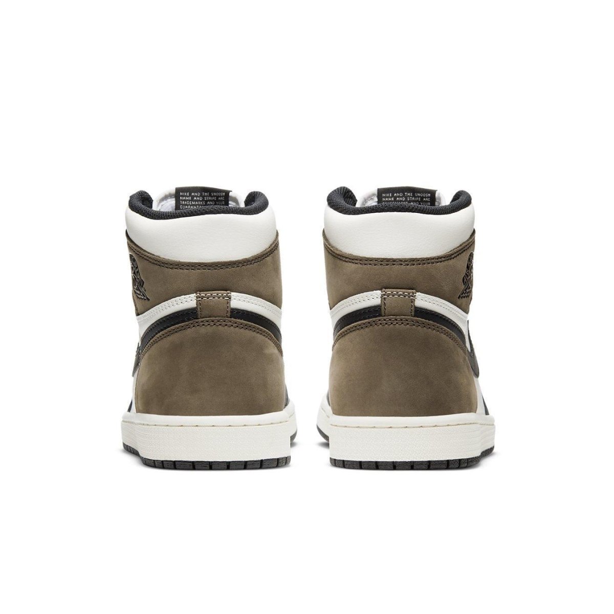 Jordan 1 Retro High Dark Mocha sneakers showing back view with brown suede and white leather accents.