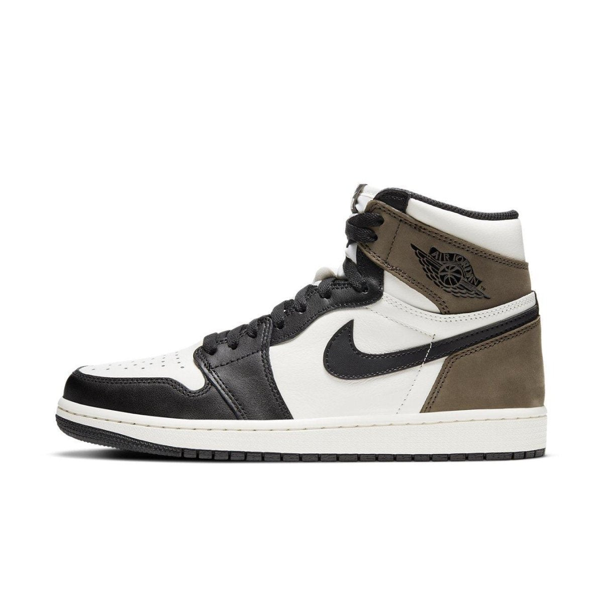 Jordan 1 Retro High Dark Mocha sneaker in black, white, and mocha brown colorway with premium leather.