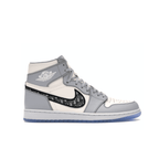 Air Jordan 1 Retro High Dior sneaker in white and grey with black Swoosh and icy blue sole