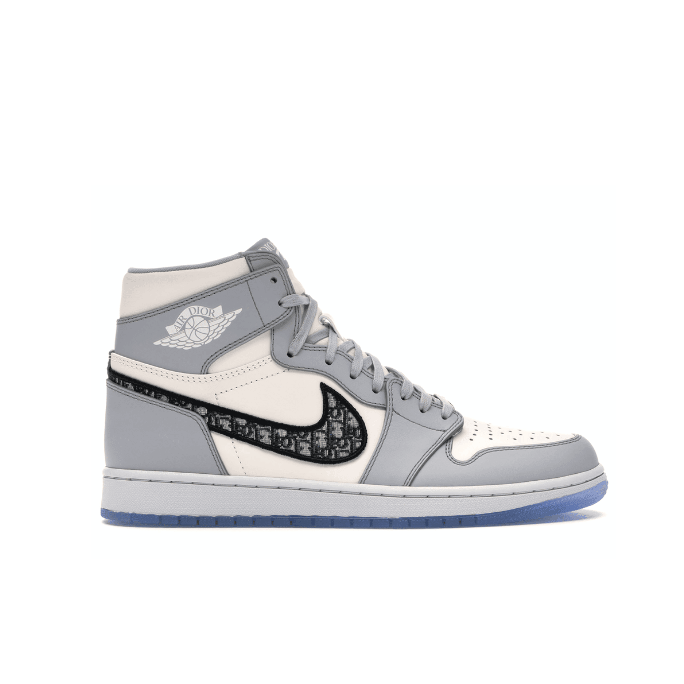 Air Jordan 1 Retro High Dior sneaker in white and grey with black Swoosh and icy blue sole