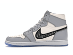 Jordan 1 Retro High Dior sneaker featuring a white and gray Italian leather design with a hand-painted Swoosh.
