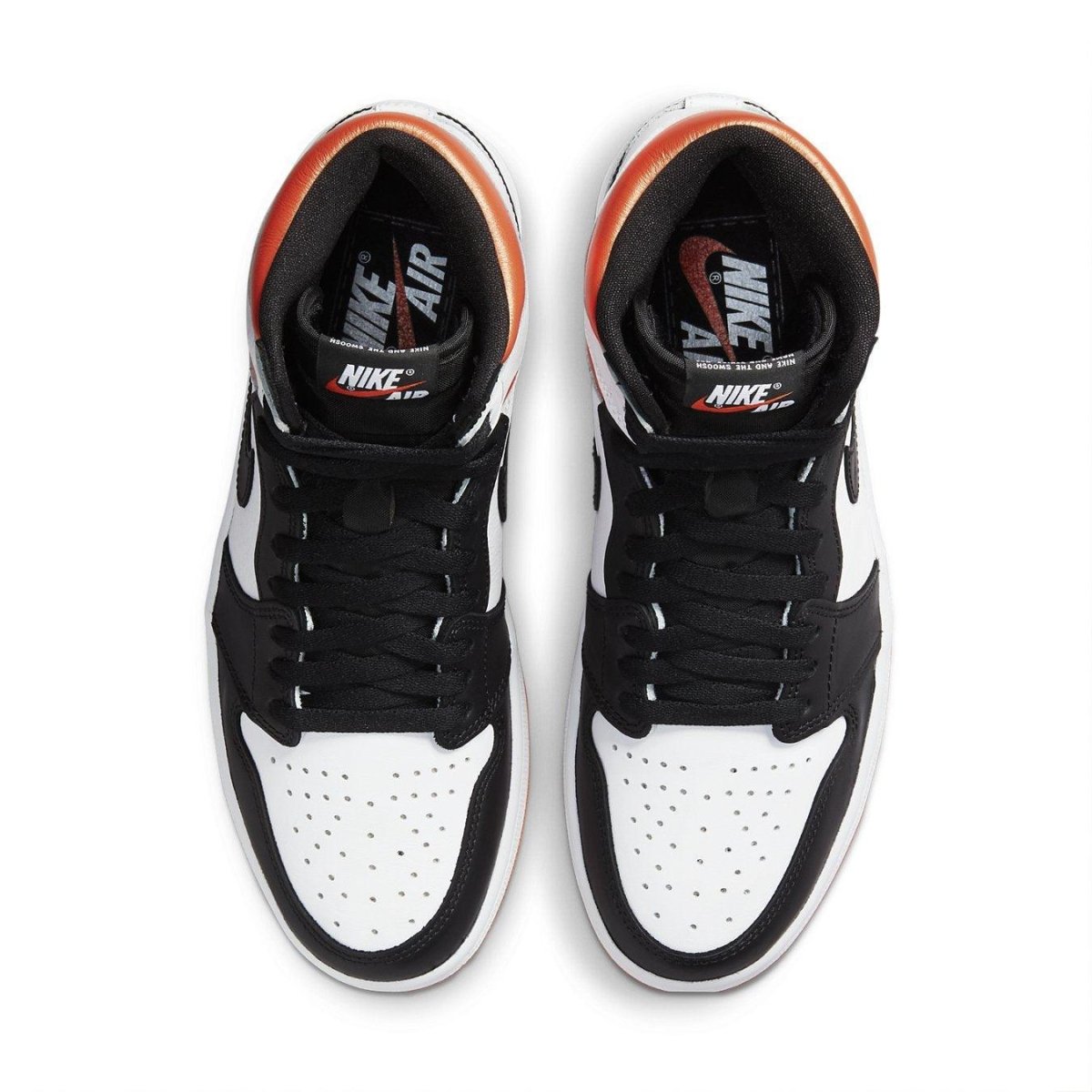Air Jordan 1 Retro High Electro Orange top view showcasing white leather, black accents, and bright orange collar.