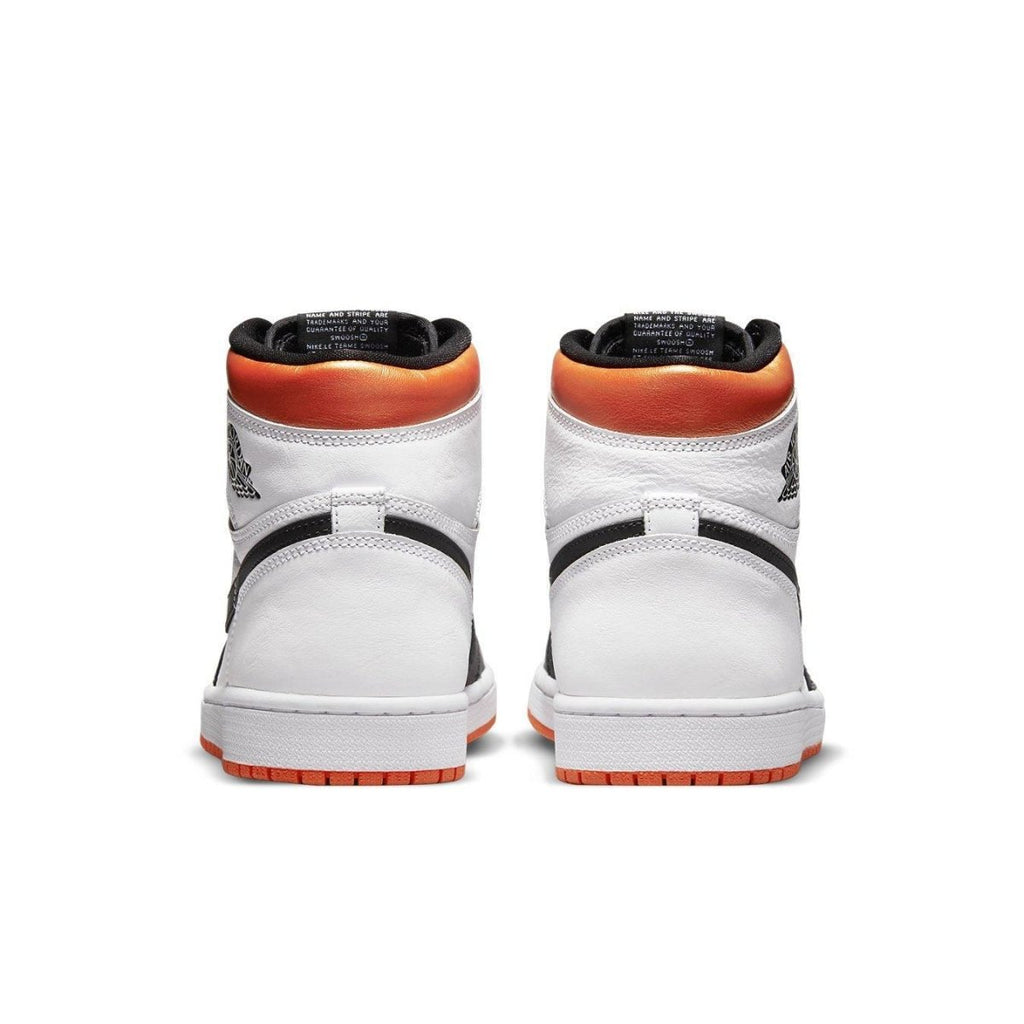 Rear view of Air Jordan 1 Retro High OG "Electro Orange" showcasing white leather, black accents, and bright orange collar.
