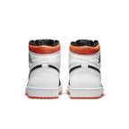 Rear view of Air Jordan 1 Retro High OG "Electro Orange" showcasing white leather, black accents, and bright orange collar.