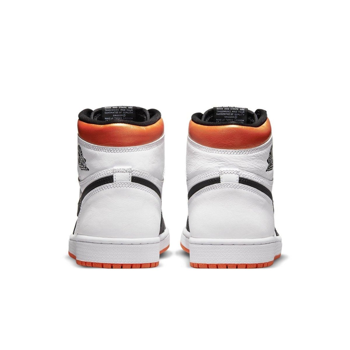 Rear view of Air Jordan 1 Retro High OG "Electro Orange" showcasing white leather, black accents, and bright orange collar.