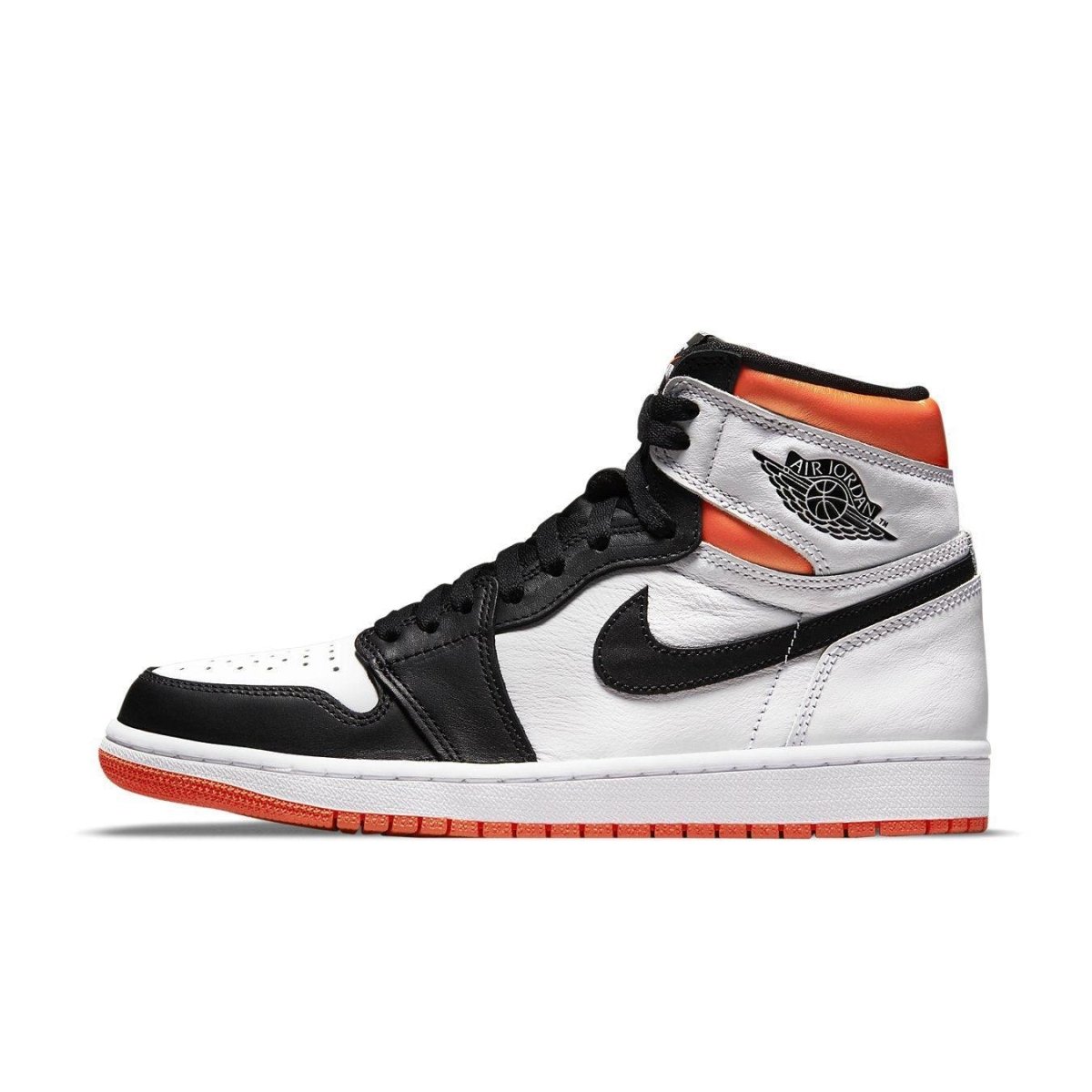 Air Jordan 1 Retro High Electro Orange featuring white leather, black accents, and bright orange details.