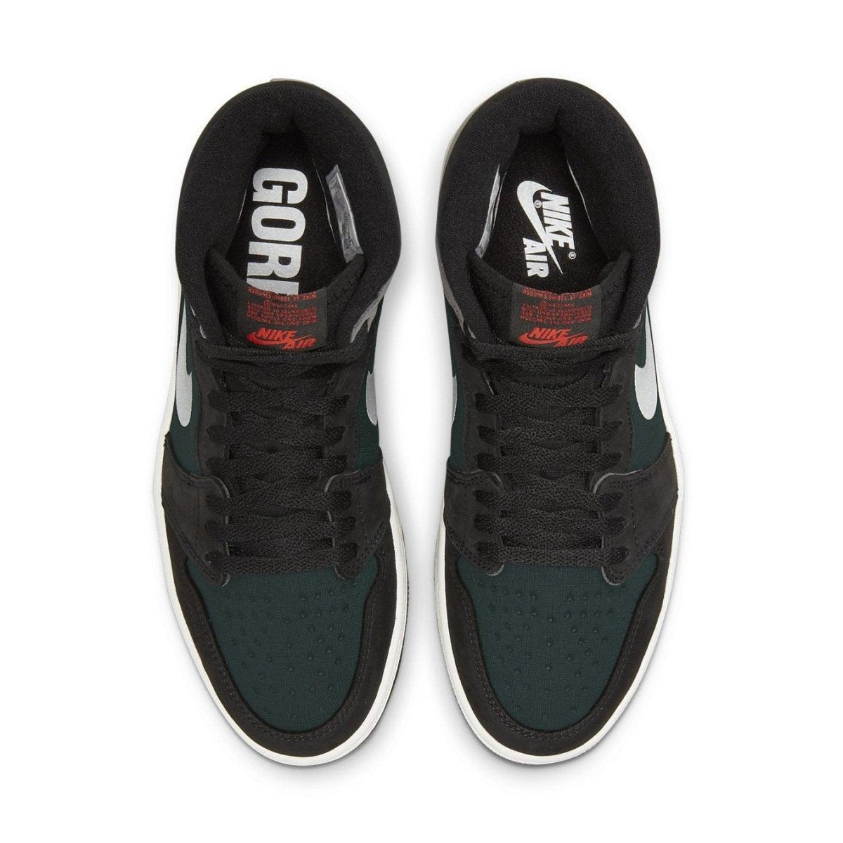 Top view of Jordan 1 Retro High Element Gore-Tex in Black Particle Grey with Nike Air branding and Gore-Tex detailing.