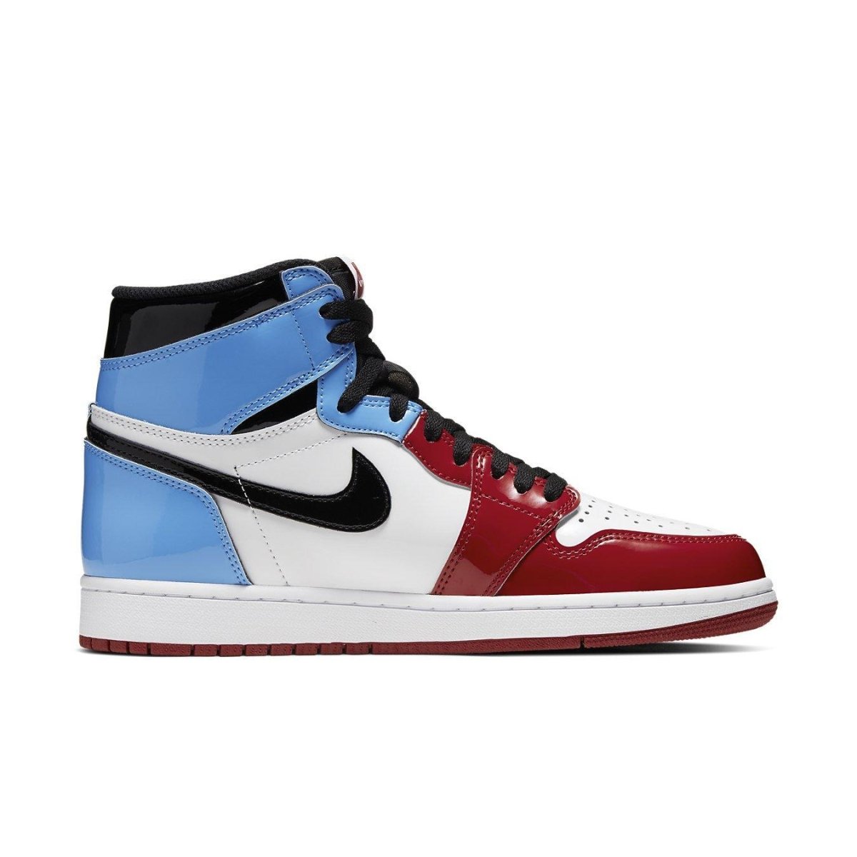 Air Jordan 1 Retro High Fearless UNC Chicago sneaker in blue, white, and red colorway.