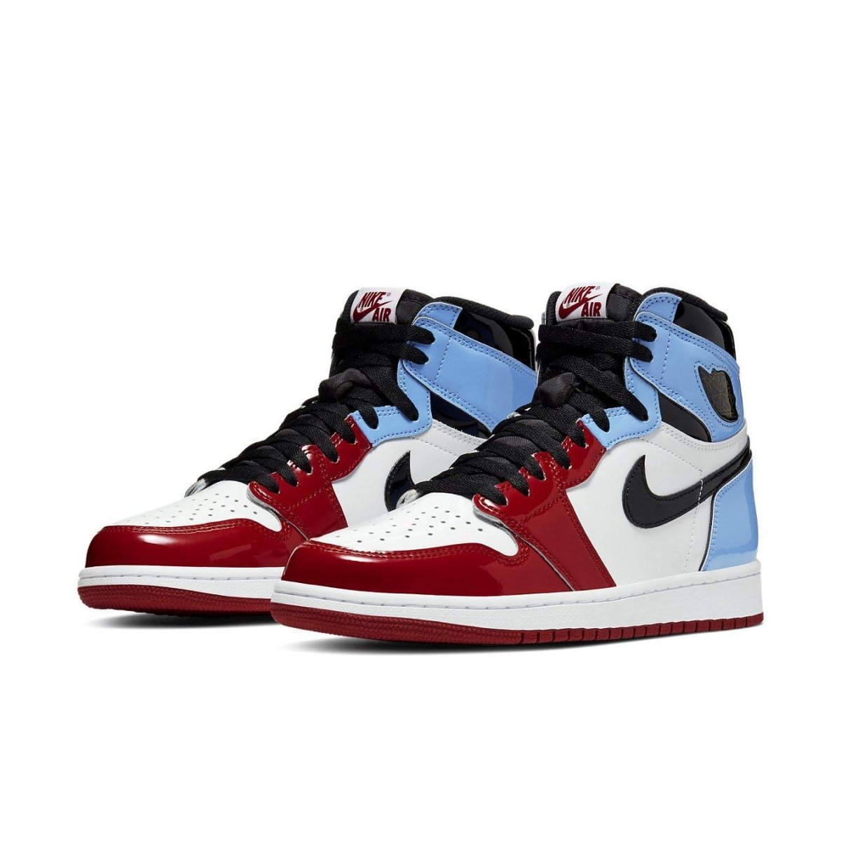 Air Jordan 1 Retro High Fearless in UNC Chicago colorway, featuring patent leather upper and iconic black and red detailing.