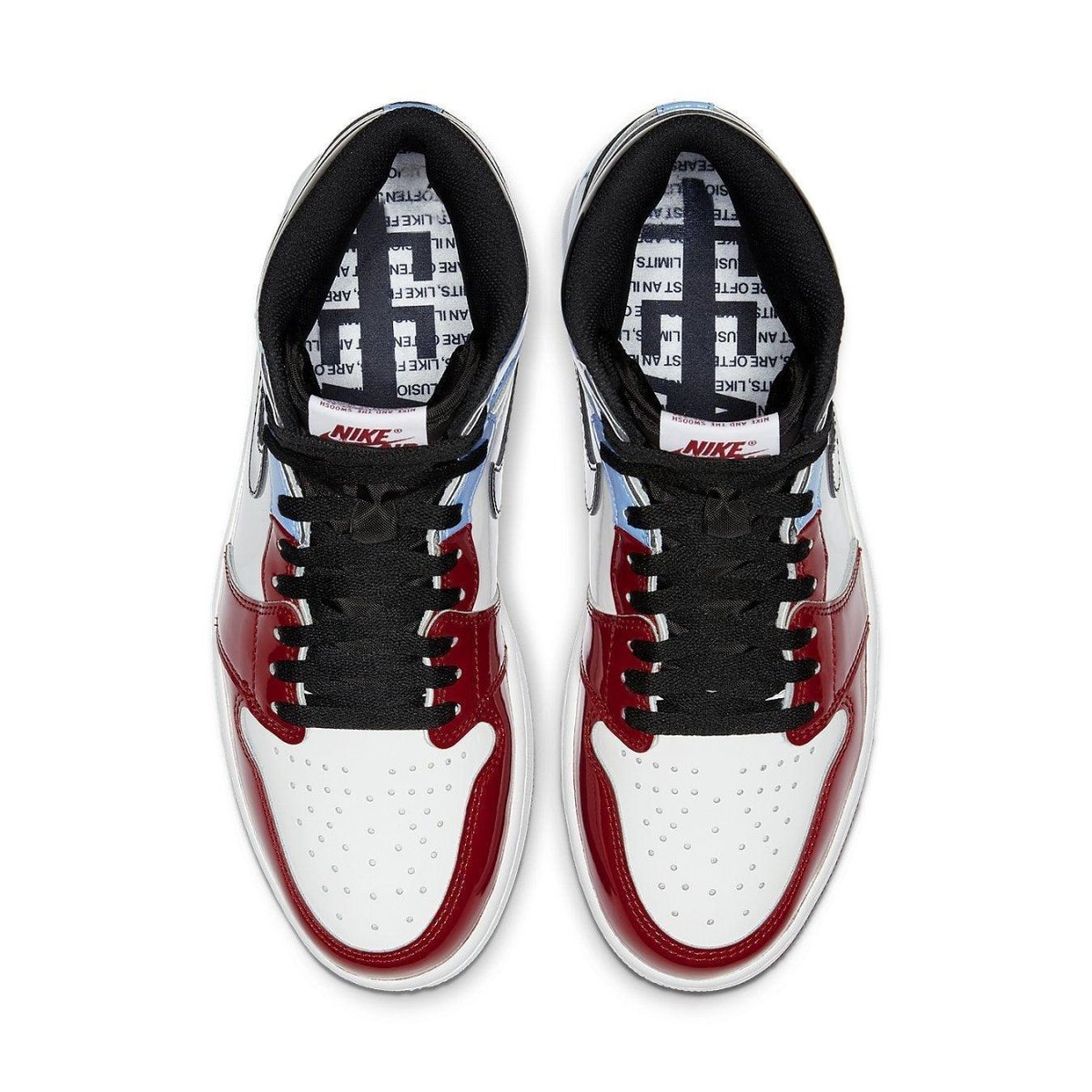 Air Jordan 1 Retro High 'Fearless' UNC Chicago with black, white, and red leather uppers.