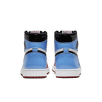 Retro Air Jordan 1 High Fearless in UNC Chicago colorway featuring glossy blue leather and black accents.