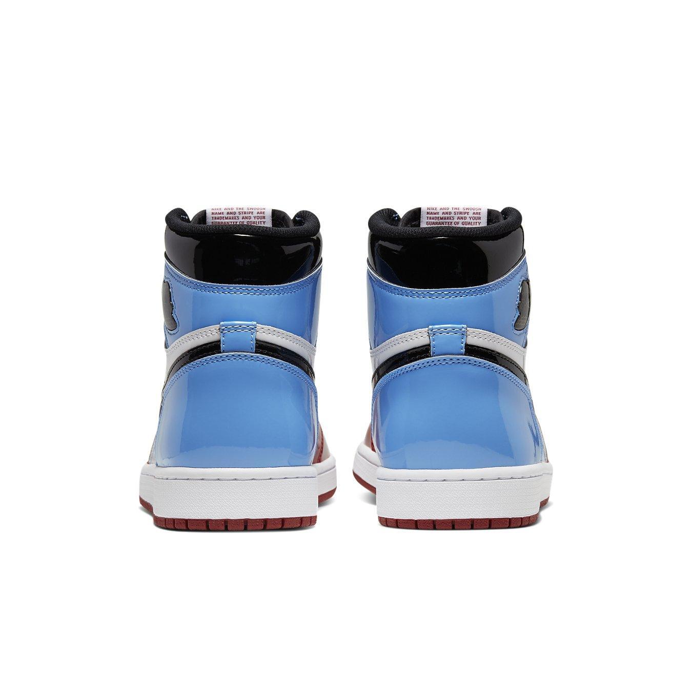 Retro Air Jordan 1 High Fearless in UNC Chicago colorway featuring glossy blue leather and black accents.