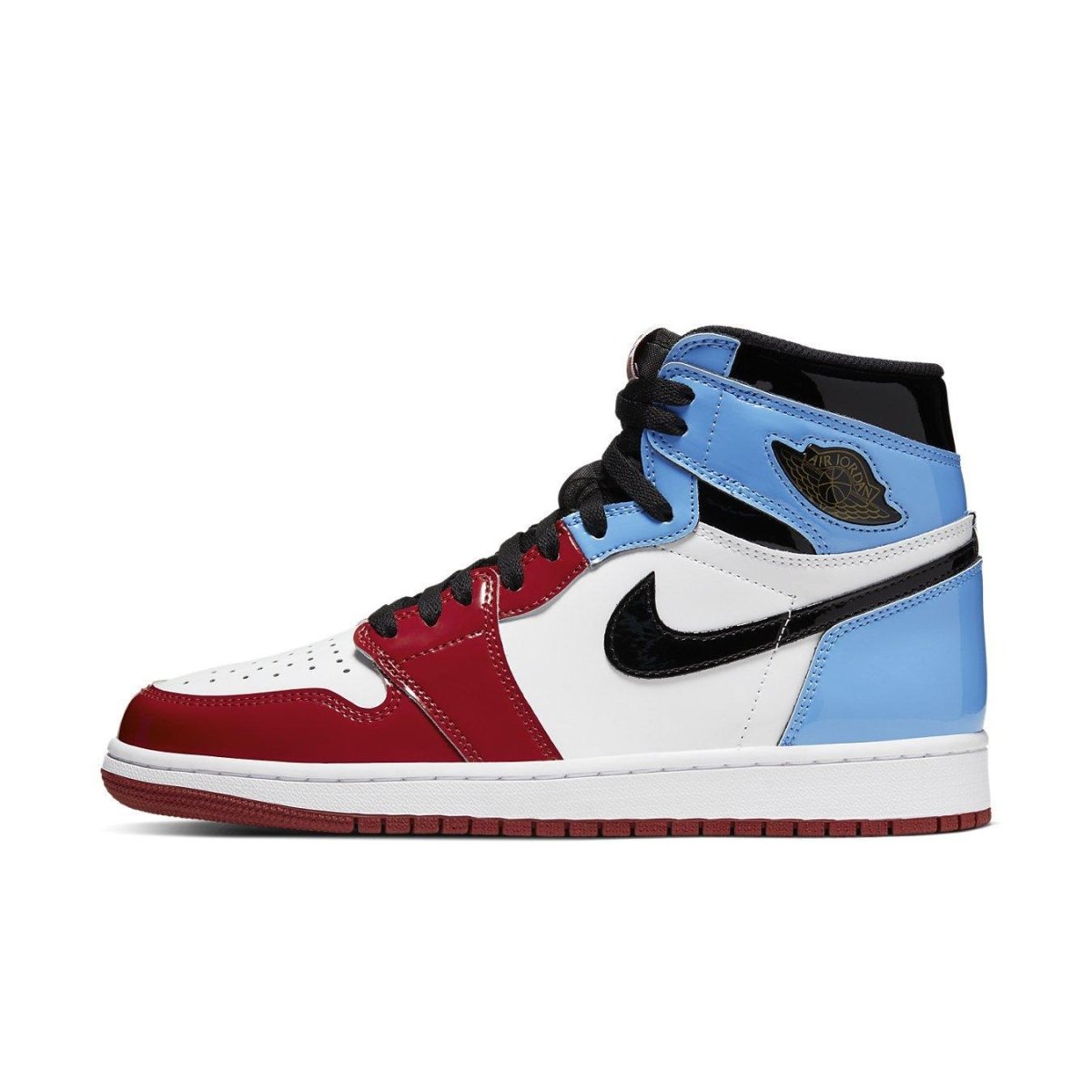 Air Jordan 1 Retro High "Fearless" in UNC and Chicago colorway with black accents and white logo.
