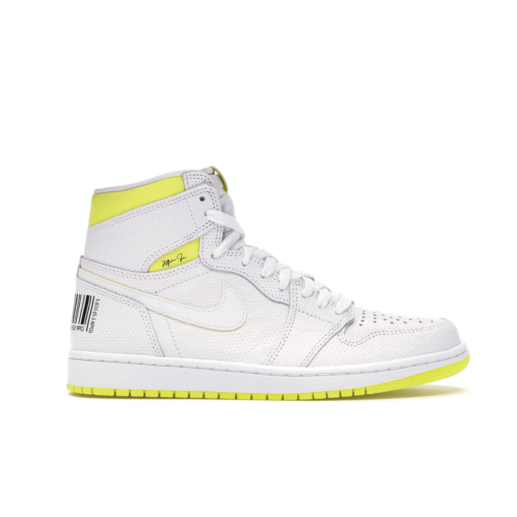 Jordan 1 Retro High First Class Flight sneaker in white and yellow with black barcode and perforated leather design.