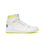 Jordan 1 Retro High First Class Flight sneaker in white and yellow with black barcode and perforated leather design.