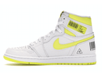 Jordan 1 Retro High First Class Flight sneaker in white and yellow with barcode and recycling logo.