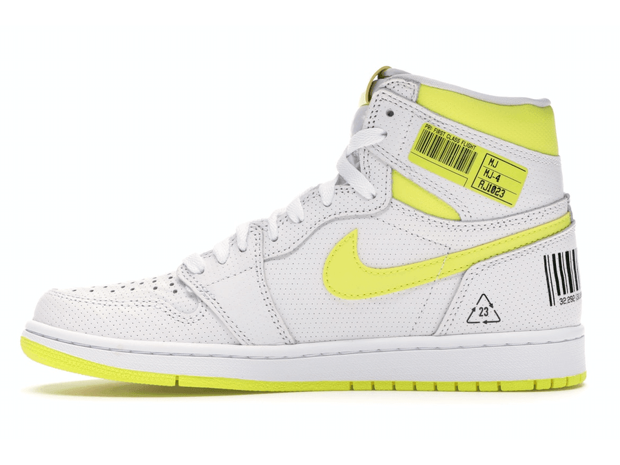 Jordan 1 Retro High First Class Flight sneaker in white and yellow with barcode and recycling logo.