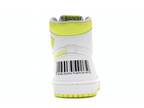 Back view of Jordan 1 Retro High First Class Flight sneakers with barcode and bright yellow accents.