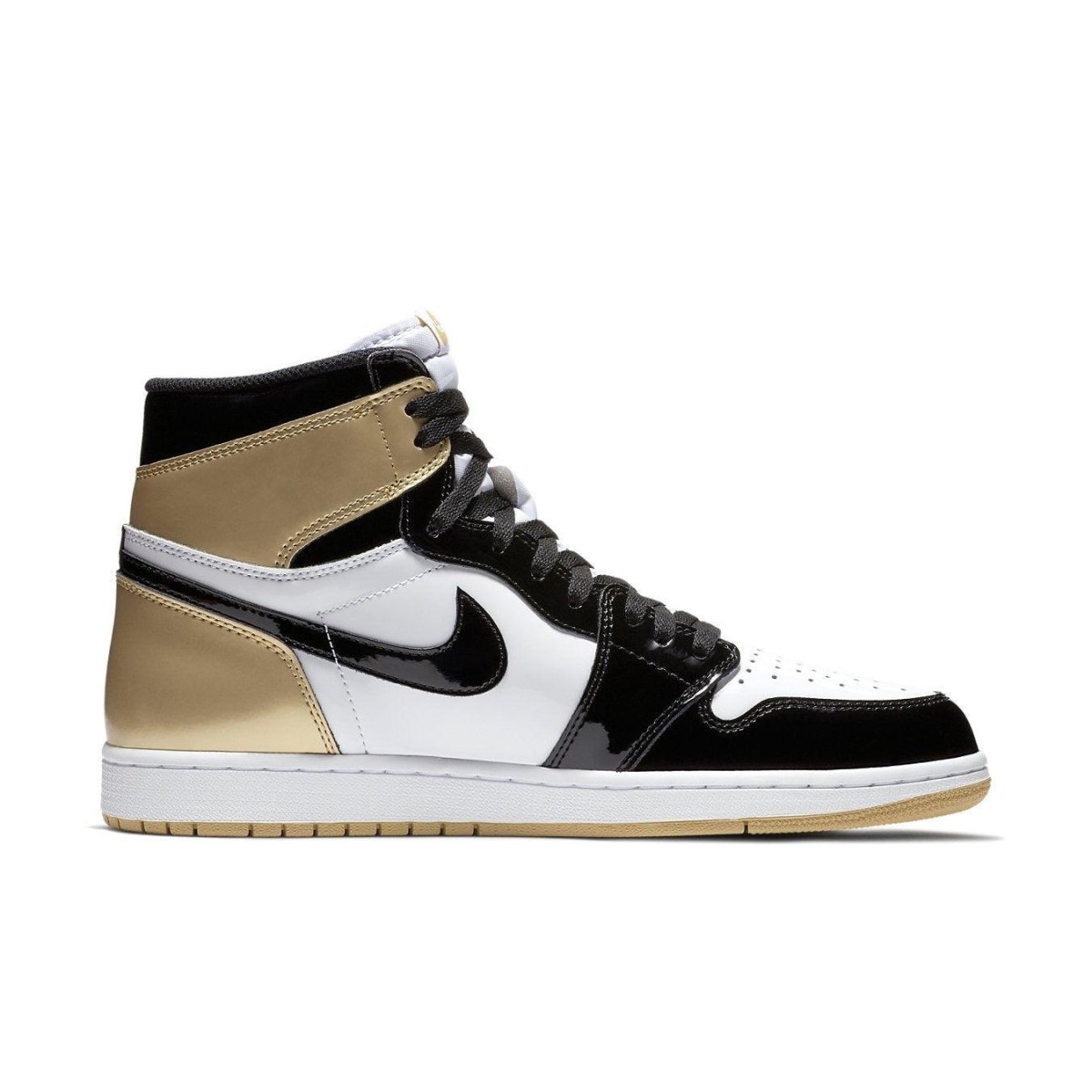 Nike Air Jordan 1 Retro High Gold Top 3, featuring black, white, and metallic gold colorway, side view.