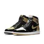Nike Air Jordan 1 Retro High Gold Top 3, black and metallic gold patent leather sneaker, stylish and iconic design.