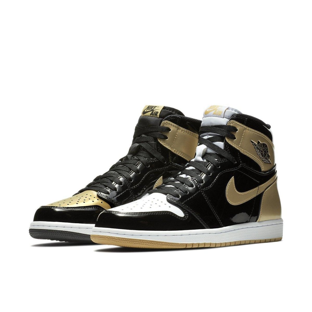 Nike Air Jordan 1 Retro High Gold Top 3, black and metallic gold patent leather sneaker, stylish and iconic design.