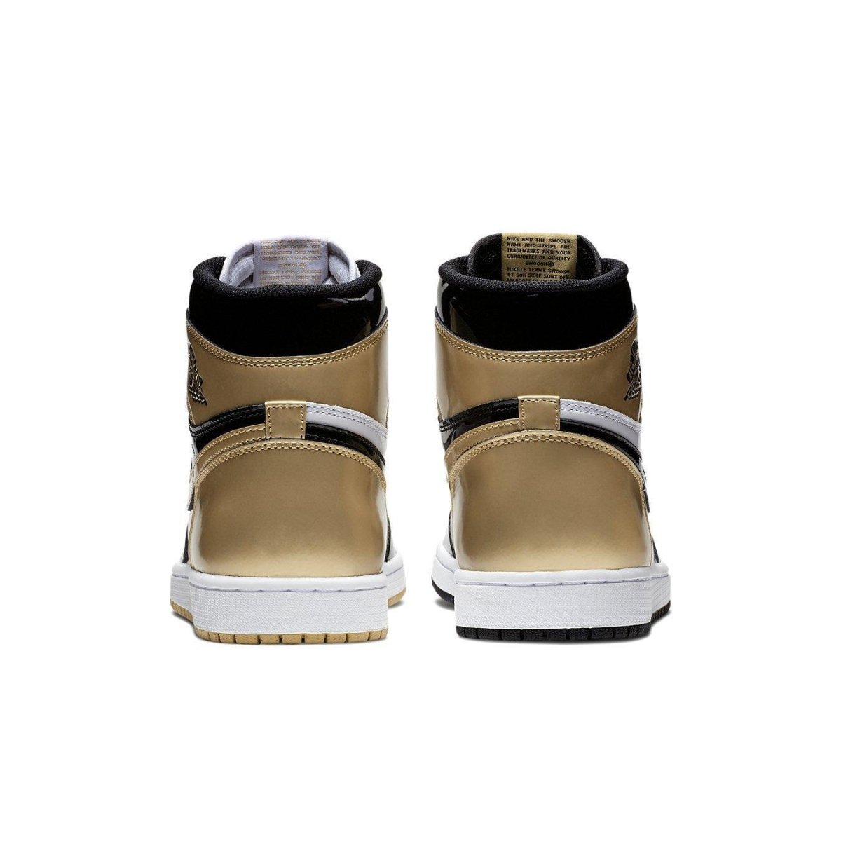 Rear view of the Jordan 1 Retro High Gold Top 3 sneakers showcasing the metallic gold and black design.