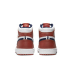 Jordan 1 Retro High Golf Eastside Golf Out of the Mud shoes in Burnt Sunrise and Midnight Navy.