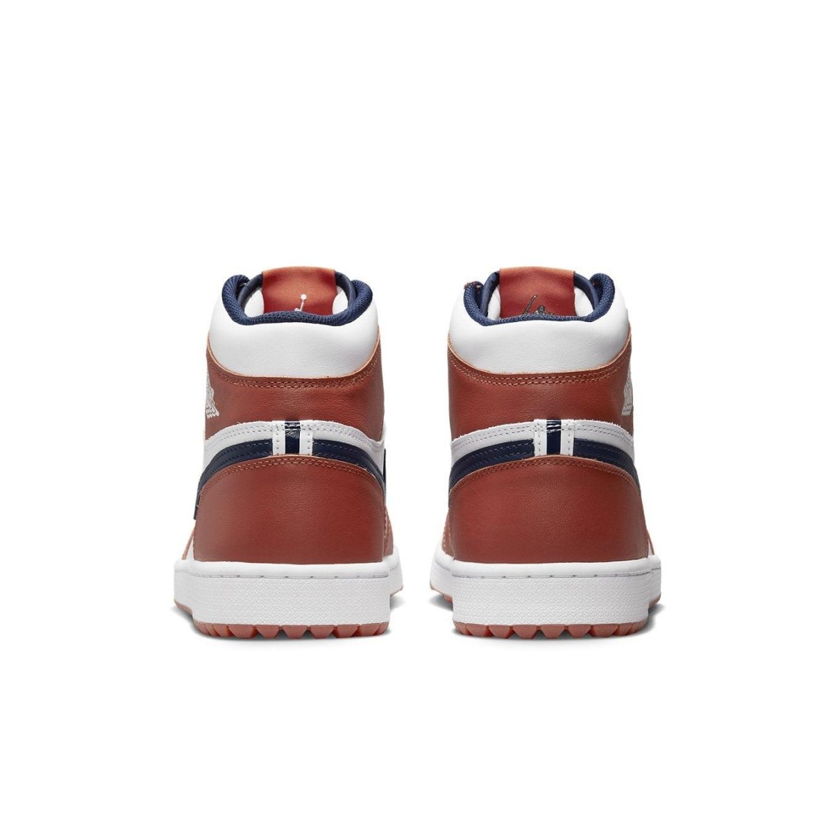 Jordan 1 Retro High Golf Eastside Golf Out of the Mud shoes in Burnt Sunrise and Midnight Navy.