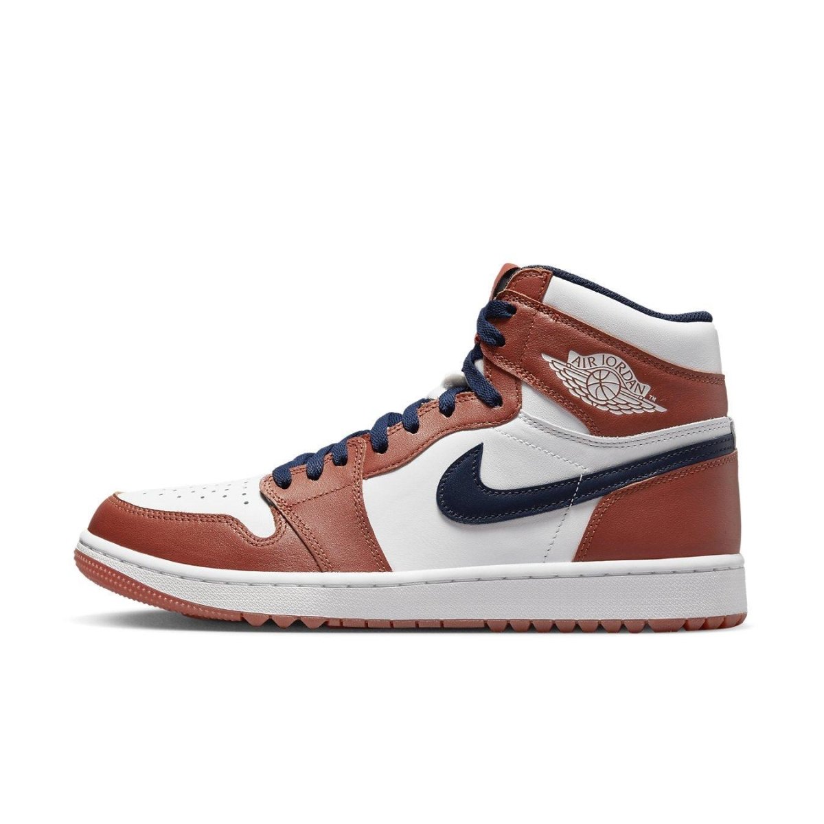 Nike Air Jordan 1 Retro High Golf Eastside Golf 'Out the Mud' in white, burnt sunrise, and midnight navy colorway.