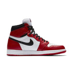 Air Jordan 1 Retro High Homage To Home sneaker in black, red, and white colorway, inspired by Chicago Bulls.