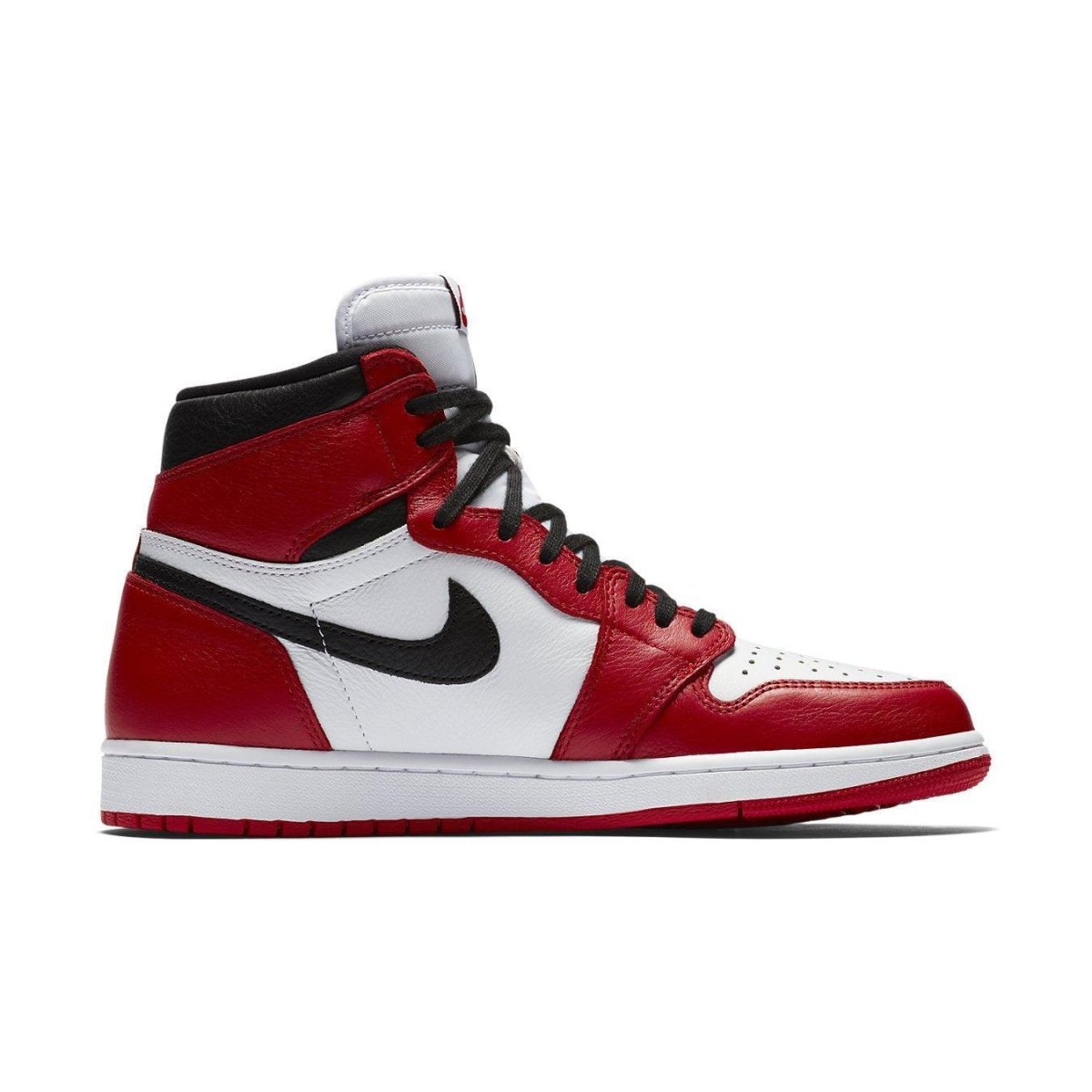 Air Jordan 1 Retro High Homage To Home sneaker in black, red, and white colorway, inspired by Chicago Bulls.