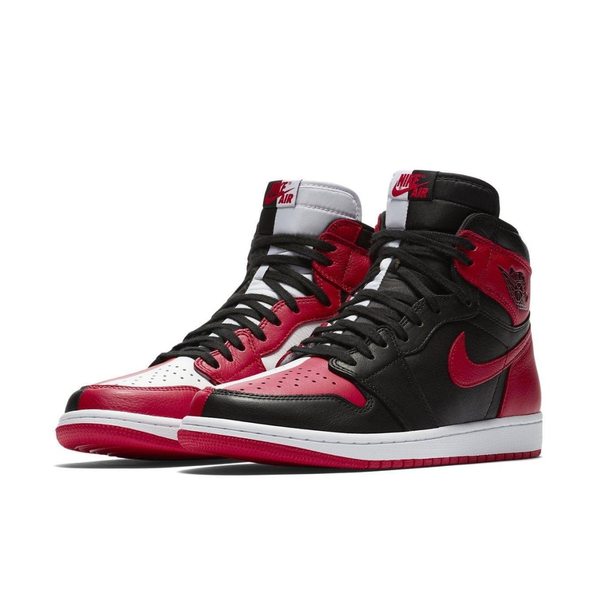 Air Jordan 1 Retro High Homage to Home featuring a split black and red leather upper in Chicago Bulls colors.