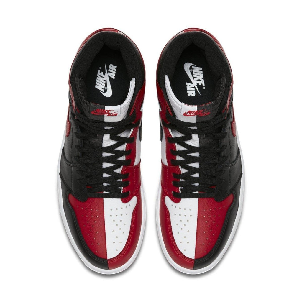 Top view of Air Jordan 1 Retro High Homage to Home in black and red leather, featuring a vintage Chicago Bulls colorway.