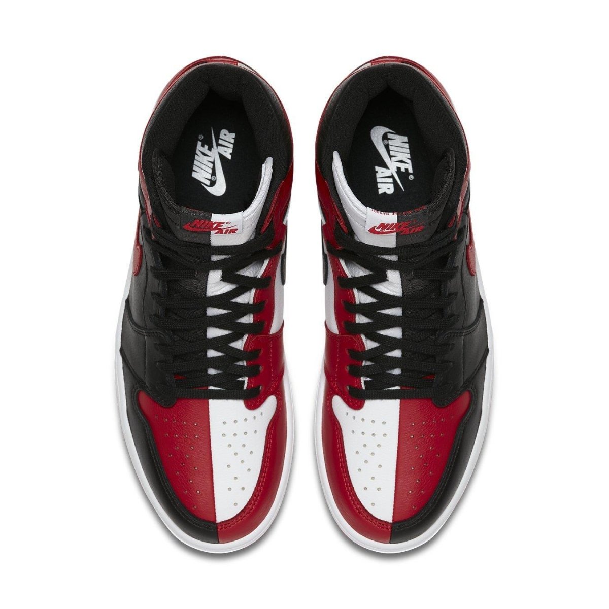 Top view of Air Jordan 1 Retro High Homage to Home in black and red leather, featuring a vintage Chicago Bulls colorway.